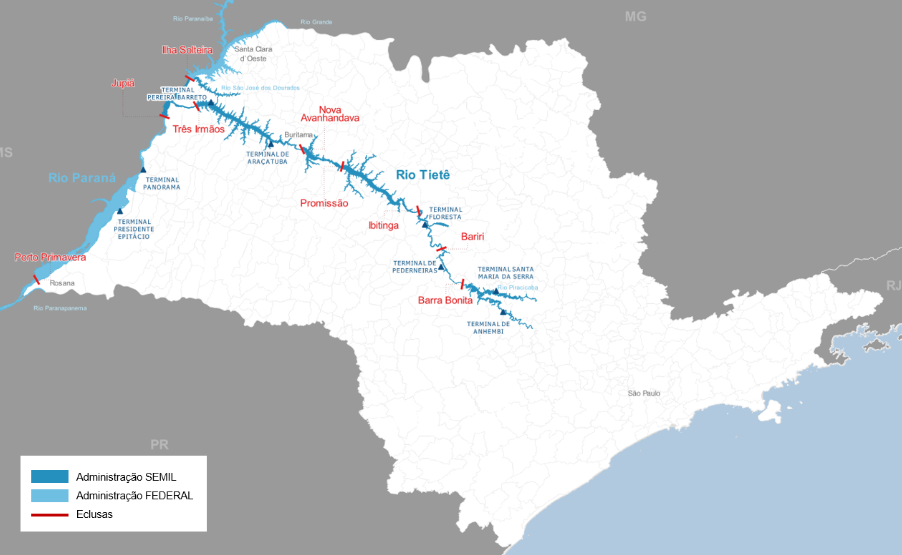 mapa hidrovia Tietê-Paraná